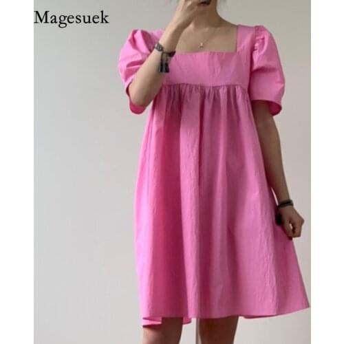 Korea Summer Sweet 2021 Party Dress Women Cute Square Neck Solid Cotton Dress Simple Puff Sleeve Pink Loose Dress Vestidos 15560