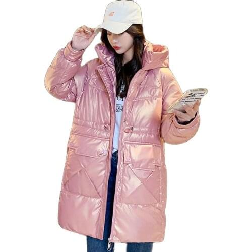 2021 Winter Coat Female Laser Plus Size Clothing Womens Hooded Jacket Fashion Bright-faced Down Cotton Padded Long Jacket Women