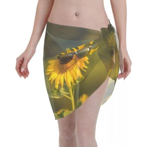 2021 Beach Bikini Cover Ups Wrap Skirt Sunflower Wearing Sunglasses Women Bathing Suit Sexy Swimsuit Beachwear