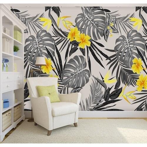 Custom Mural Wallpaper Hand-Painted Ink Yellow Flower Plant Background Wall Painting