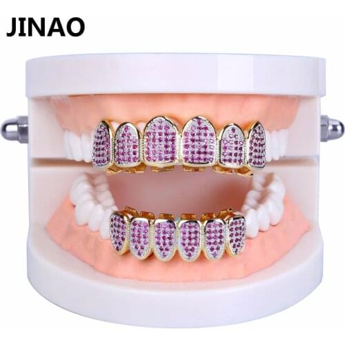JINAO New Fit Gold Color HipHop Teeth Grillz All Iced Out Fuchsia CZ Stonea Micro Paved Womens Top&Bottom Grills Set