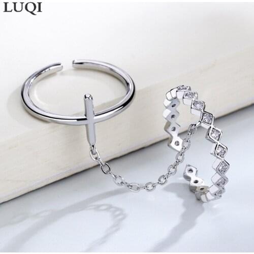 Fashion Womens S925 Silver Plated Platinum Cross Chain Micro-inlaid Zircon Creative Open Rings R327
