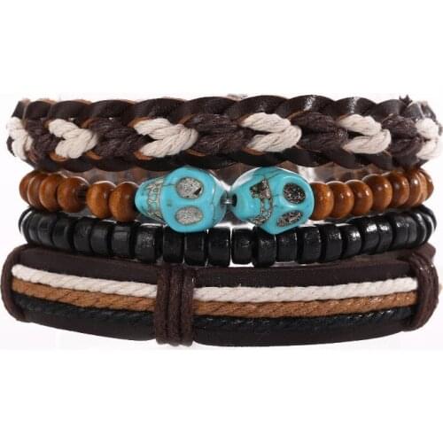 Fashion Cowhide Multi-layer Bracelet Adjustable Hand-woven Mens Womens Bracelet Turquoise Skull Beaded Factory Direct Sales