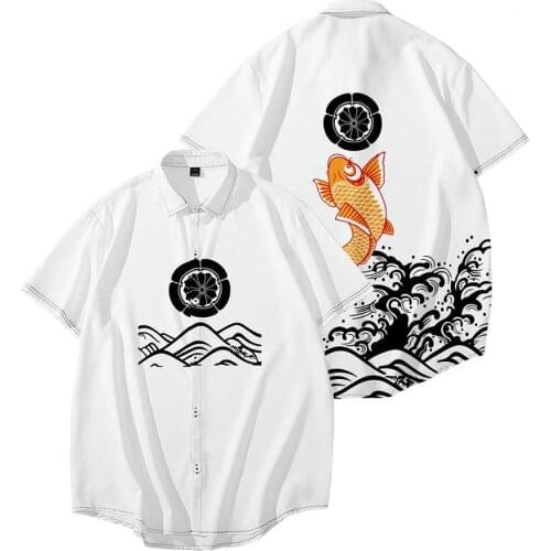 Cross-border New Stand Collar Ukiyo-e Carp Element Digital Printing Mens Printing Casual Loose Thin Short Sleeve Shirt