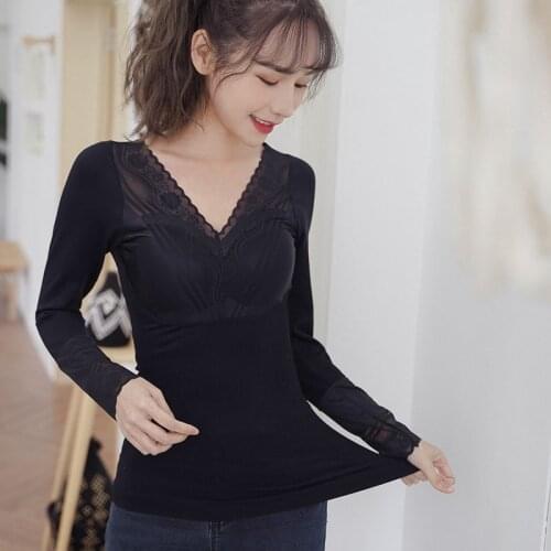 New Autumn Sexy V-Neck Lace Thermal Underwear For Women Winter Warm Tops Female Black Thermal Blouse Seamless Bodycon Undershirt