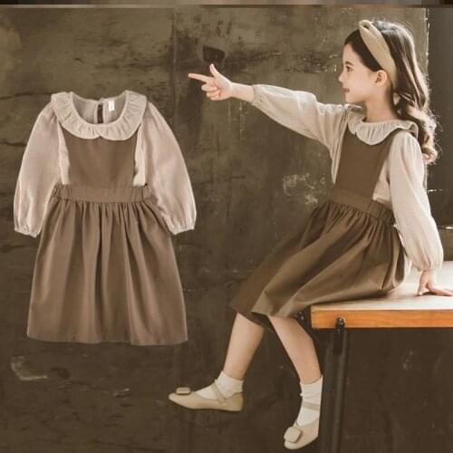 Teenager Kids Girl Clothes Winter Autumn Cotton Tee Tops + Overalls Dress 2pcs Girl Streetwear Outfits 7 8 9 10 11 12 13 14Years