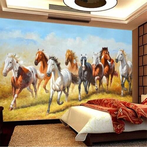 Custom wallpaper 3D solid mural grassland eight horses male style decorative painting living room decorative painting wallpaper