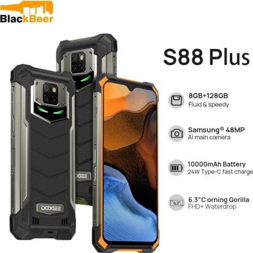 DOOGEE S88 Plus Rugged Android 10 MobilePhone IP68/IP69K Waterproof Smartphone 48MP Al Rear Camera 8GB 128GB Cellphone Gyroscope