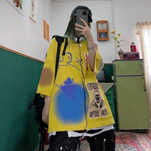 Street hip hop retro cool neutral dark print loose size lovers medium sleeve t-shirt mens and womens fashion tees