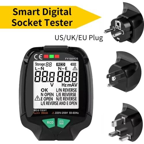 LCD screen smart digital socket tester AC30V-250V voltage test socket tester US/UK/EU Plug Rcd test 20 sets of data storage