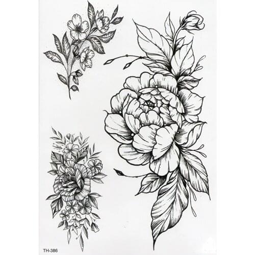 Waterproof Temporary Tattoo Sticker Sketch line peony pattern tatoo Water Transfer Rose body art fake arm tattoo For Women