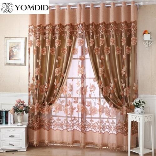 Coffee Color Curtain Burnout Curtains Grommet Top Process For Home Living Room/Hotel Decor Tulle Printed Flower Pattern Curtain