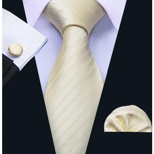 Factory Luxury Mens 100% Silk Tie Set Ties Handkerchief Cufflinks Milky Solid Pocket Square Necktie Wedding Hanky Neck tie