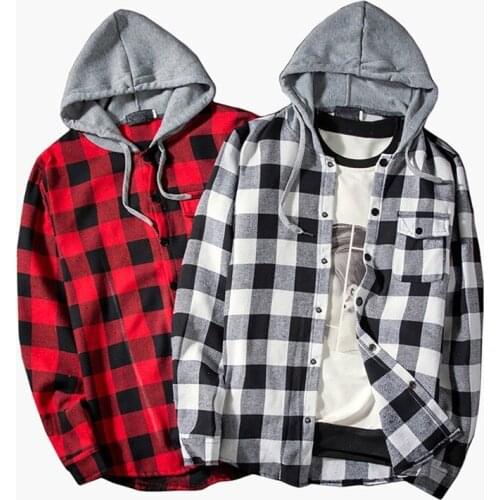 Women Plaid Hooded Denim Shirt Men Long Sleeve Slim Shirts Mens Casual Shirt Bussiness Social Chemise
