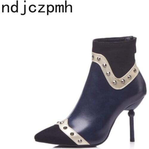 Womens Boots New Winter Fashion Color Matching Pointed Zipper Rivet Fine Heel High Heel Short Tube Women Shoes Plus Size 32-48