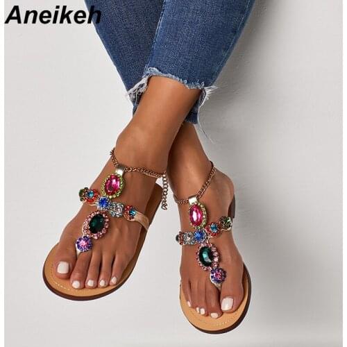 Aneikeh Summer NEW Crystal Metal Decoratio Flat With Casual Sandals PU Bling Chain Ladies Shoes Ankle Strap Buckle Big Size35-47