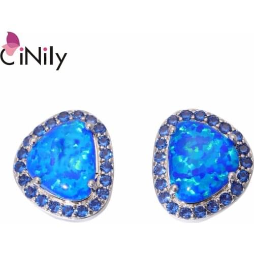 CiNily Created Blue Fire Opal Blue Zirconia Silver Plated Wholesale New Style Jewelry for Women Stud Earrings 14mm OH4455