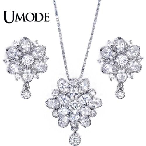 UMODE White Gold Color Top Grade CZ Flower Shaped Stud Earrings and Pendant Necklace For Women Jewelry Sets AUS0016