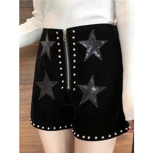 Print Corduroy Shorts For Women High Waist Rivets Wide Leg Short Pants Female Korean Fashion 2019 Autumn Winter