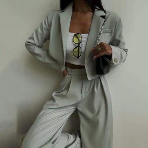 Holiwind Fall Crop Blazer Suit Women Fashion Short Single Button Jacket High Waist Wide Leg Suit Pants 2021 Mujer 2 Piece Sets