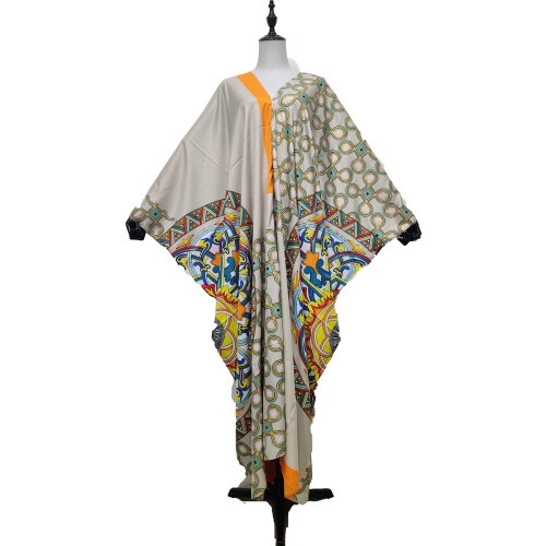 New Multicolor Kuwait Sexy V-neck Batwing Sleeve LYH-Kaftan Maxi Dress Bohemian Sundress Beach Party Silk Printed Dress