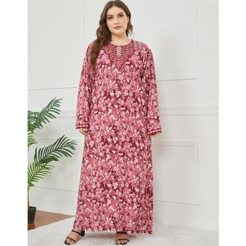 Floral Print Women Long Dress Long Sleeve Spring Arabic Abaya Ramadan Islamic Clothing Turkey Middle East Dubai O-neck Fashion