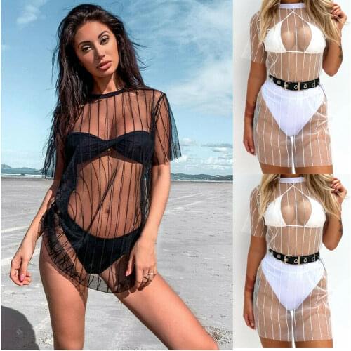 2021 Fashion Hot Women Mesh Sheer Solid Bikini Cover Up Swimwear Swimsuit Bathing Beach Dress Tops