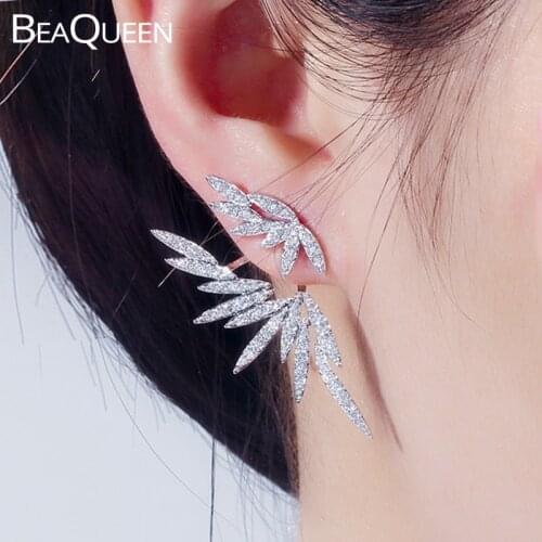 BeaQueen Fashion Cubic Zirconia Crystal Micro Paved Double Sided Big Leaf Stud Earrings Prom Party Jewelry for Women E343