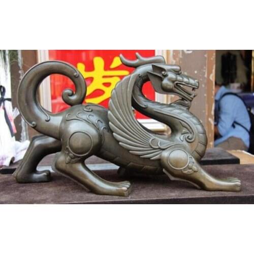 Fast shipping USPS to USA S0658 Chinese Pure Bronze Copper talisman Foo Dog kylin Fly Wing beast Dragon Statue