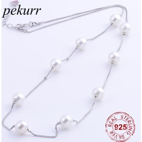 Pekurr 925 Sterling Silver 6.3mm Round White Pearl Necklace For Women Box Chain Pendant Fine Jewelry
