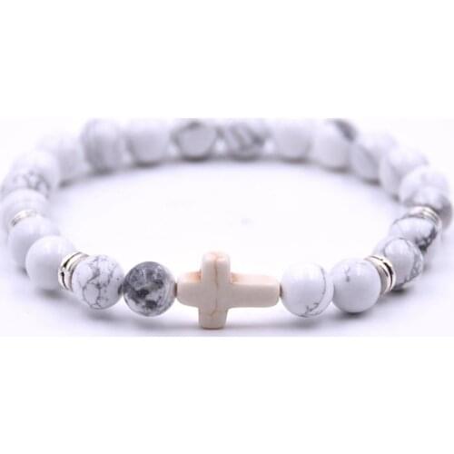 Natural Stone Beaded Cross Charm Beads Elastic Bracelet Red/White/Blue Men Fashion Gift For Women