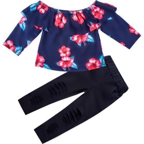 Girls European and American Clothing Sets Childrens One-shoulder lotus leaf collar top+Vertical striped pants 2 pcs Clothes