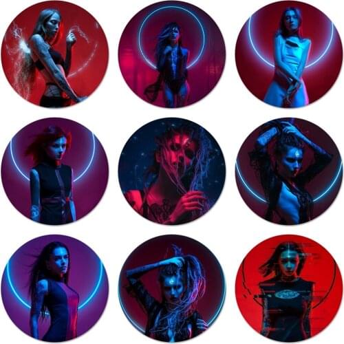 58mm Beautiful girl Neon Witch Icons Pins Badge Decoration Brooches Metal Badges For Clothes Backpack Decoration