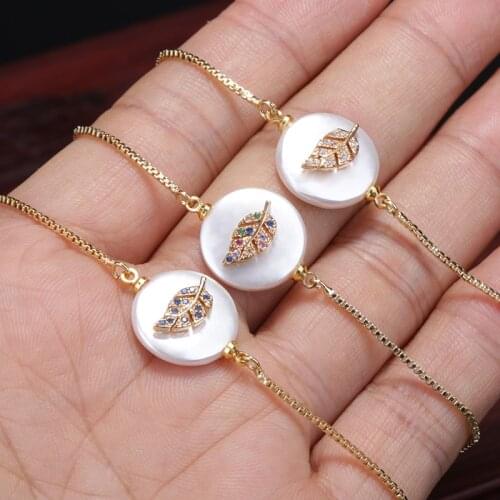 Mix deep blue cz micro paved tiny gold leaf charm on white pearl bead with thin link adjustable bracelets for woman hand jewelry