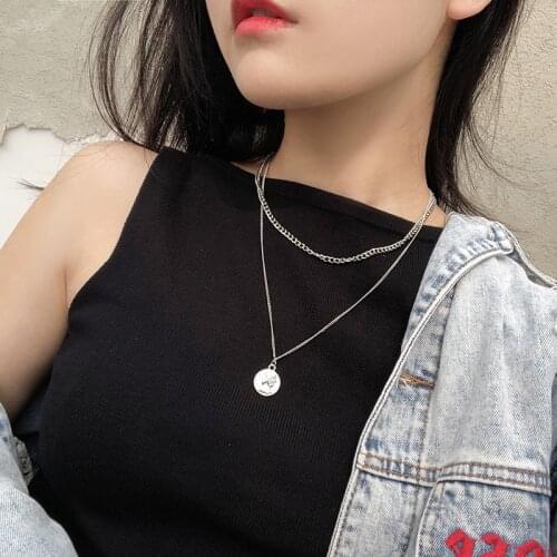 Harajuku Stainless Steel Layered Necklace For Women Cuban Link Chain Statement Coin Pendant Choker Kpop Fashion Jewellery 2020