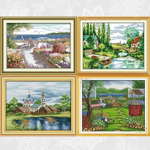 Riverside Scenery Series Cross Stitch Package Factory Sets Aida14ct 11ct White Cloth Embroidery kits DIY Handmade Needlework