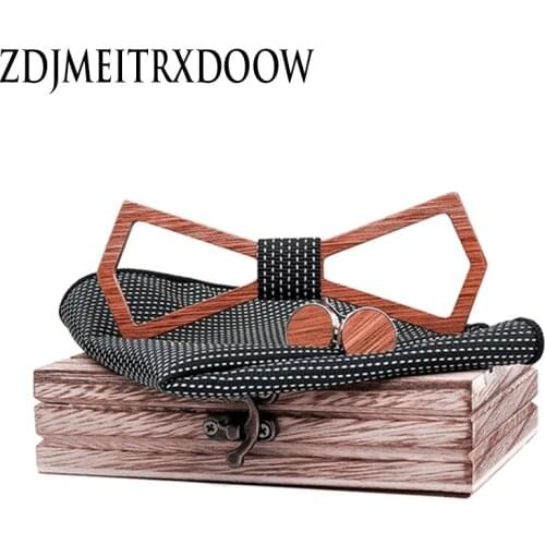 T207 Fashion Hollow Carve Wood Bowtie Pocket Square Cufflinks Set Red Blue Floral Bowtie Wooden Box Suit Mens Business Wedding