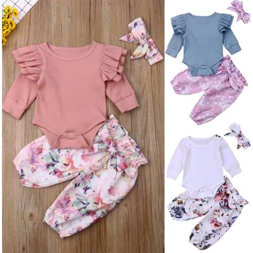 2020 New Hot Fashion Infant Baby Girl Headband And Romper Top And Floral Pants Legging Outfit Clothes одежда для новорожденых