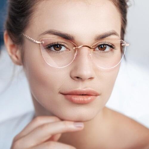 Women Cat Eye Glasses Frame Metal Rimless Myopia Eyeglasses Metal Nose None Slip Gold Color Eyewearing Brushed Brown Spectacles