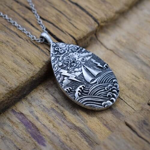 Original New Sea Waves Schooner Ship Pendant Necklace For Women Jewelry SanLan