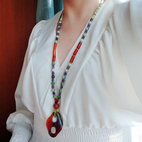 Lii Ji Bohemian Necklace Real Stone Turquoises Amethysts Agates Hematite Layer Long Necklace Women Holiday Jewelry 80cm