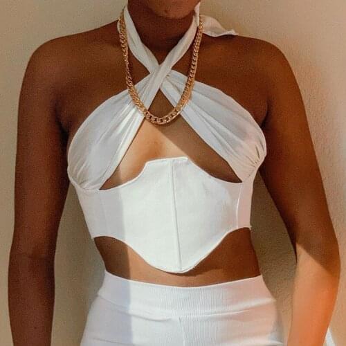 Bandage Cross Zipper Crop Tops Women 2021 Casual Streetwear Solid Halter Skinny Sleeveless Backless Party Clubwear Camis