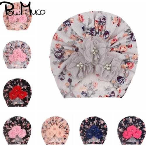 Powmuco Hand Sewning Beads Flowers Baby Girls Hats 17*19 CM Vintage Printed Floral Pattern Infant Caps Newborn Bonnet 8 Colors