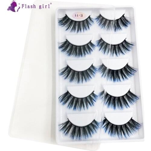 Flash Girl Wholesale 5 Pairs Mink Lashes Plastic Black Terrier Fluffy False Eyelashes Handmade with Clear Band Makeup E-11