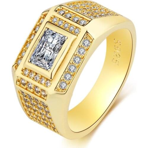 Modyle Luxury Micro Pave Champagne Rhinestone Iced Out Bling Big Square Crystal Ring Gold Filled Rings For Men Jewelry