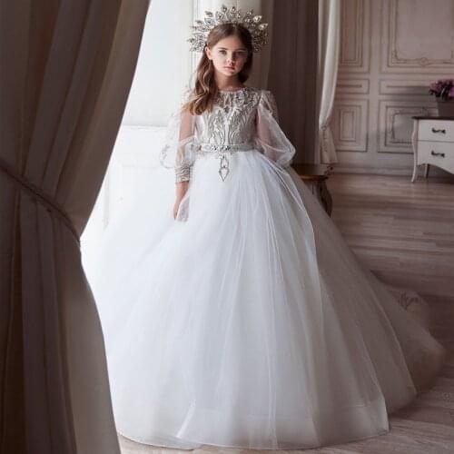 Luxury Princess Flower Girl Dresses for Weddings Tulle Appliques Beaded Open Back Kids First Communion Dress Long Sleeves