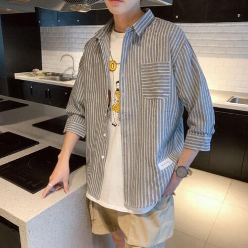 Stripe Shirt For Men Student Three Quarter Tops Classic Casual Sports Male Clothes Loose Outerwear Cotton Spring Summer Shirts