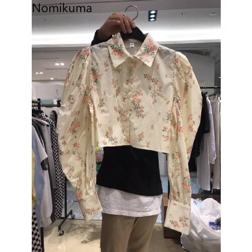 Nomikuma Floral Puff Sleeve Women Shirt Causal Turn-down Collar Short Blouses Spring Korean Elegant Blusas Femme 2021 New 6F508