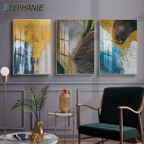 Modern Wall Art Golden Canvas Poster Print Abstract Blue Gray Paintings Triptych Wall Art Pictures for Living Room Bedroom Decor