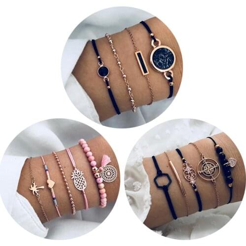 YY Bohemian Black Rope Chain Bracelet Set For Women aircraft Shell Moon Heart crystal Charm Bangle Boho Jewelry